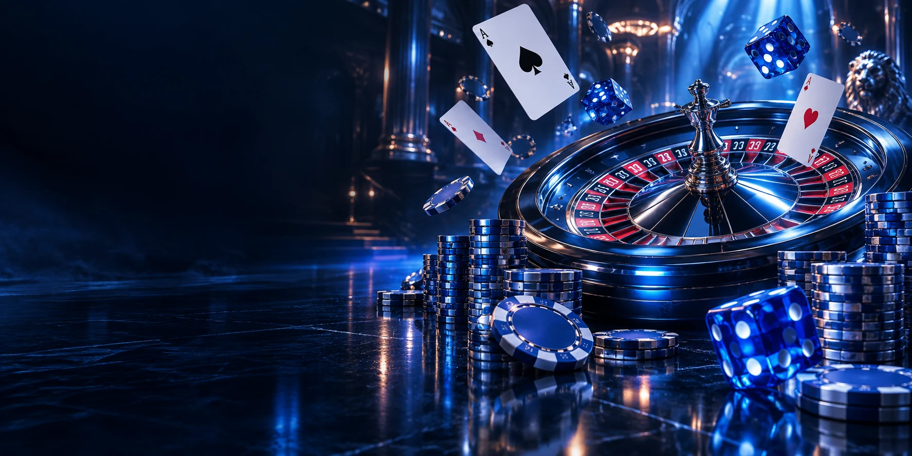 3D playing cards, blue dice, casino chips and a chrome roulette wheel