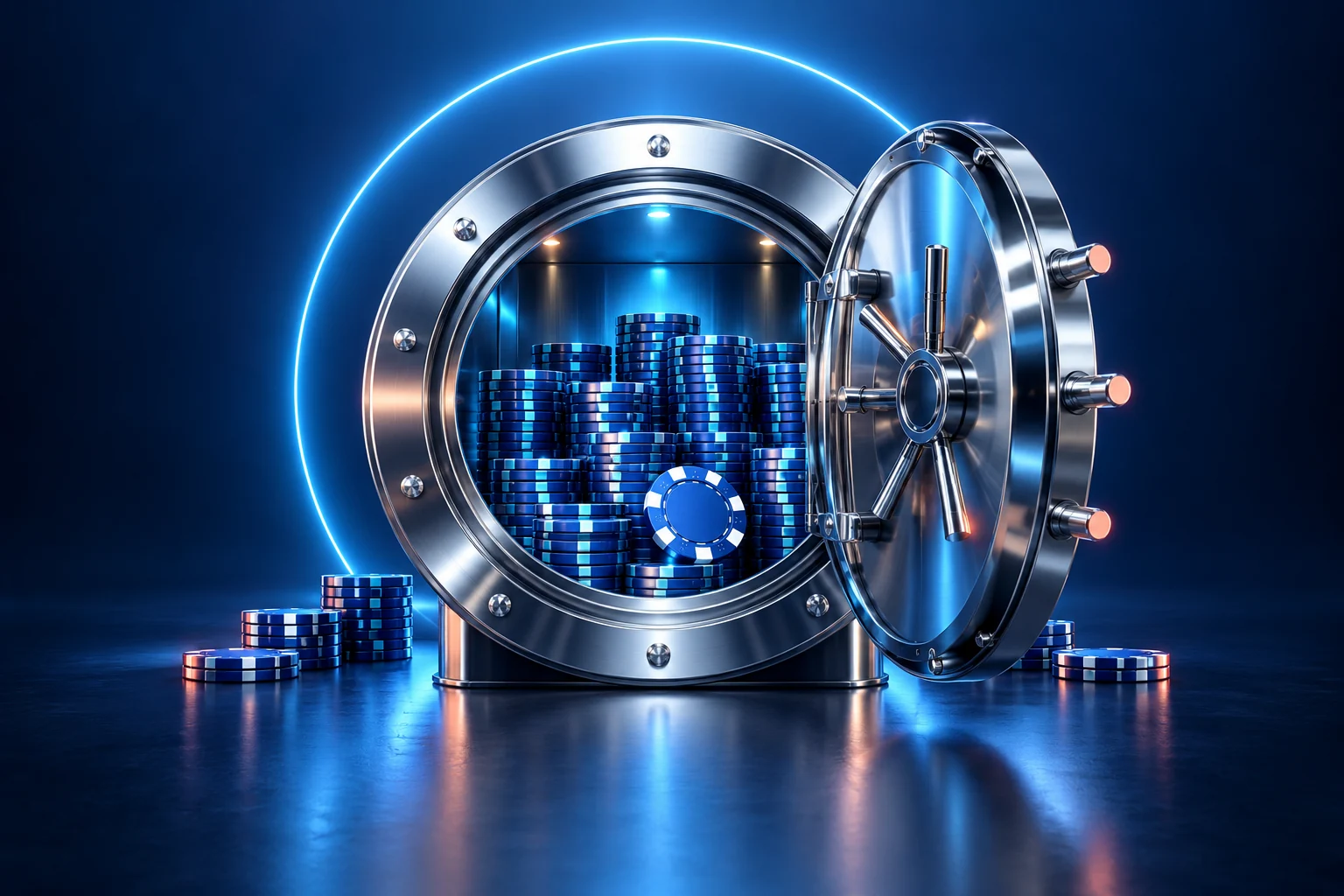 Chrome vault with blue casino chips
