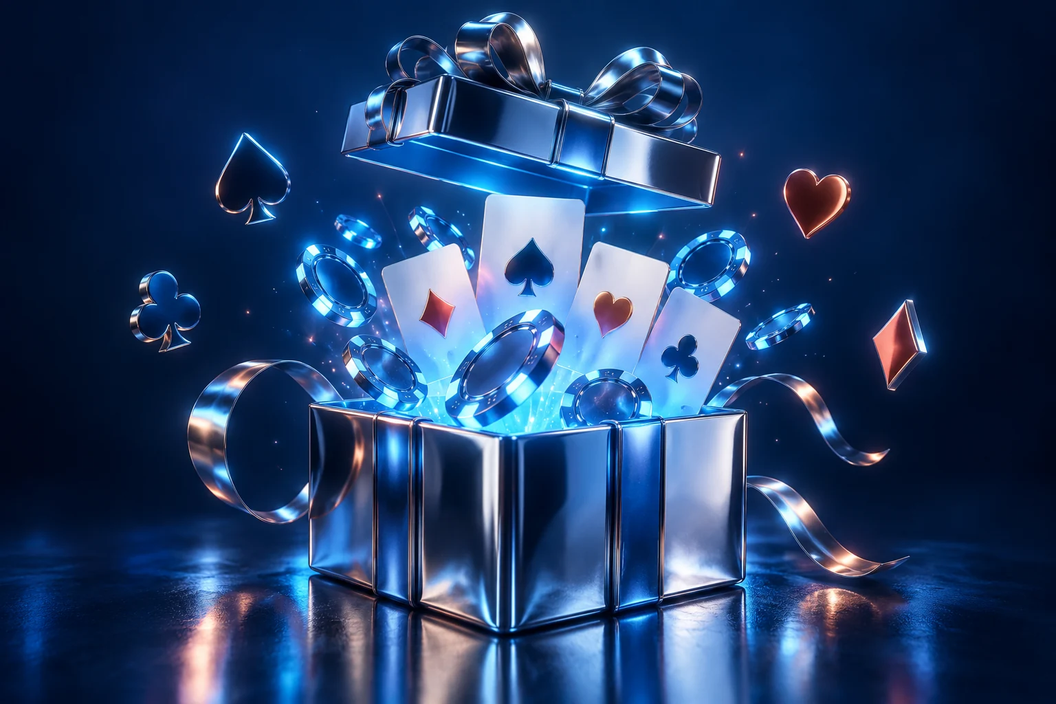 Chrome gift box with blue chips and playing cards
